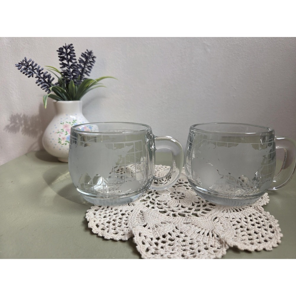 1970s Nescafe World Globe Glass Coffee Mugs Set of 2 Vintage Frosted Map